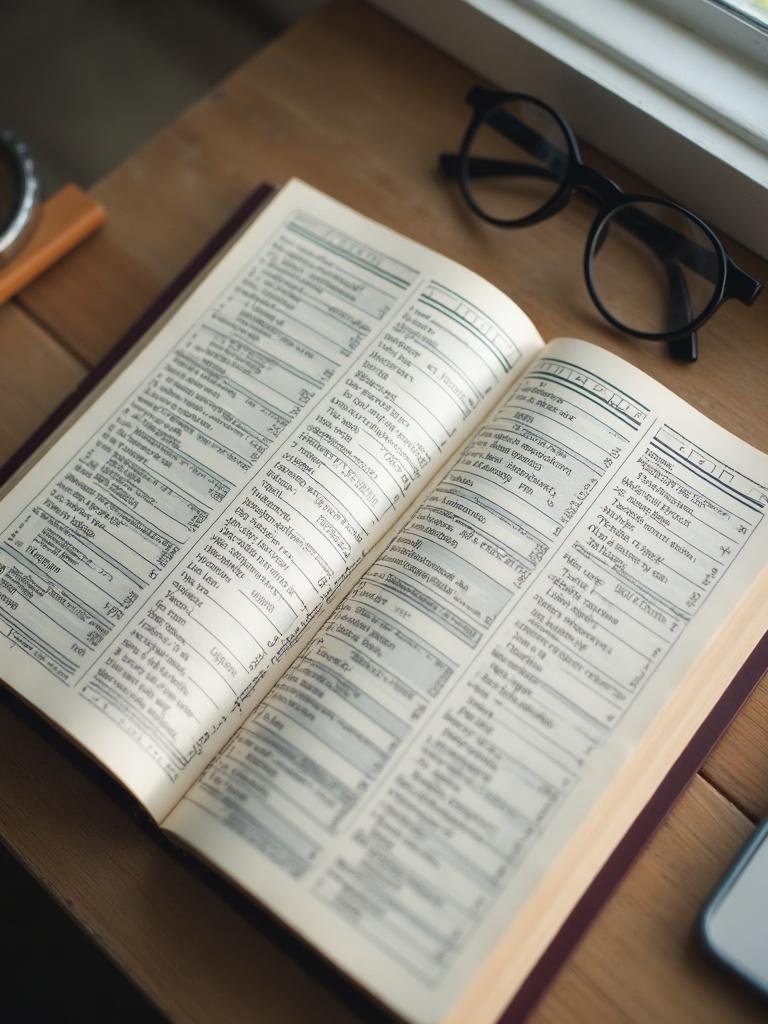 A printed ephemeris open to a page of planetary longitudes, resting on a table beside a pair of reading glasses