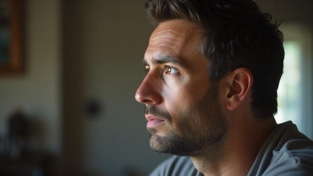 Side view of a man's face showing deep-set eyes and thoughtful expression in soft indoor light