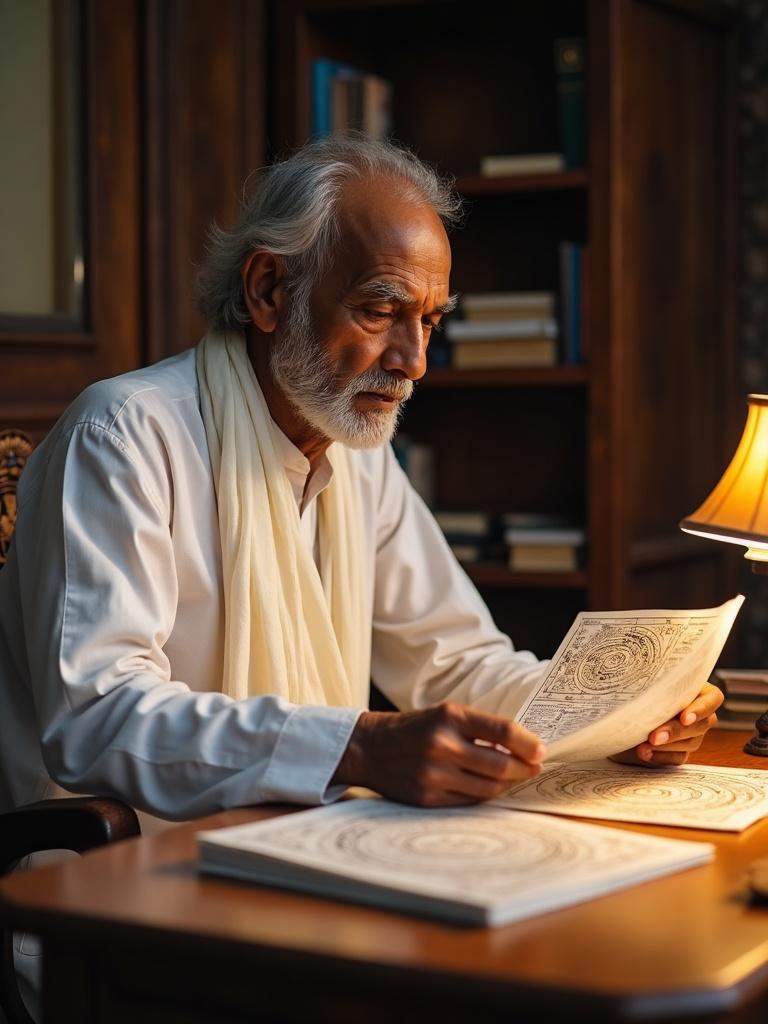 An older pandit consulting a panchang and a set of numerology tables under warm lamp light in a quiet study