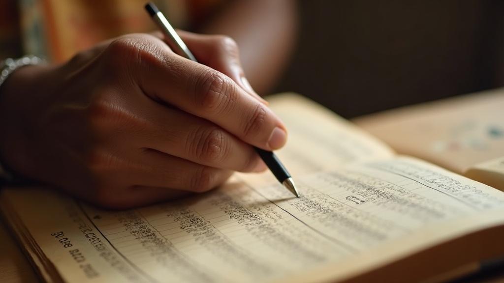 An elderly astrologer's hand pointing to a handwritten dasha table in a traditional almanac, natural indoor light, close-up view