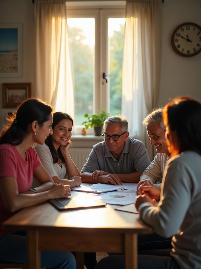 A family gathered around a kitchen table reviewing documents together in afternoon light