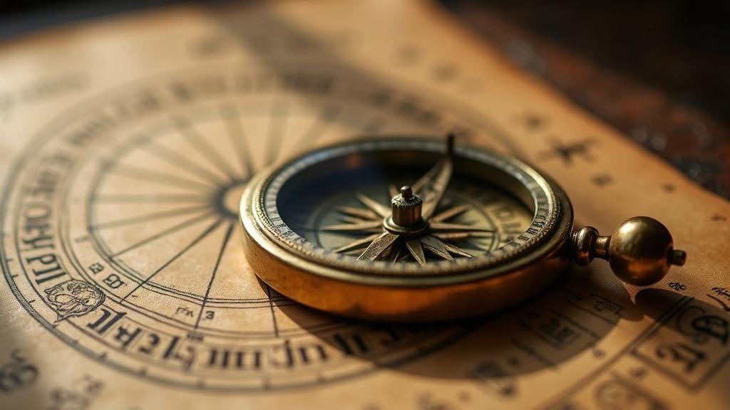 A traditional brass compass resting on an old hand-drawn chart, warm indoor light, shallow depth of field, close-up lens