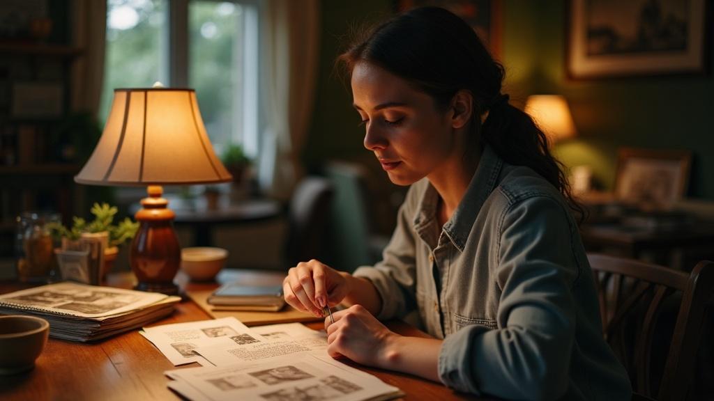 Person sitting at wooden table reviewing old family photographs and documents by lamplight, searching expression, medium shot
