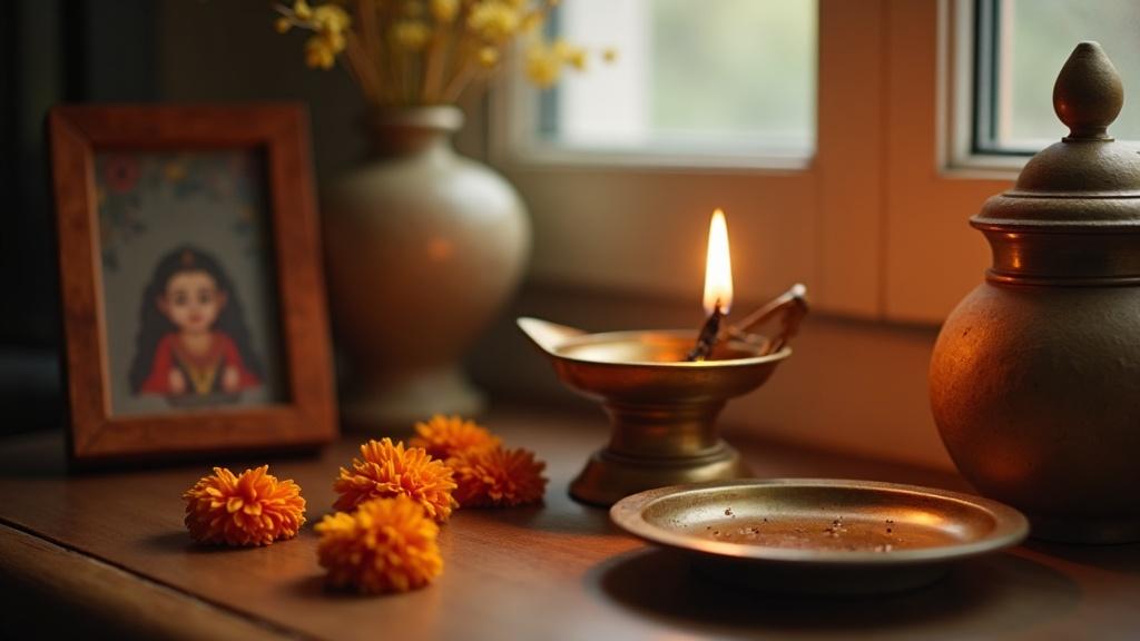 A small home altar with a lit oil lamp and a few flowers, photographed in soft morning light