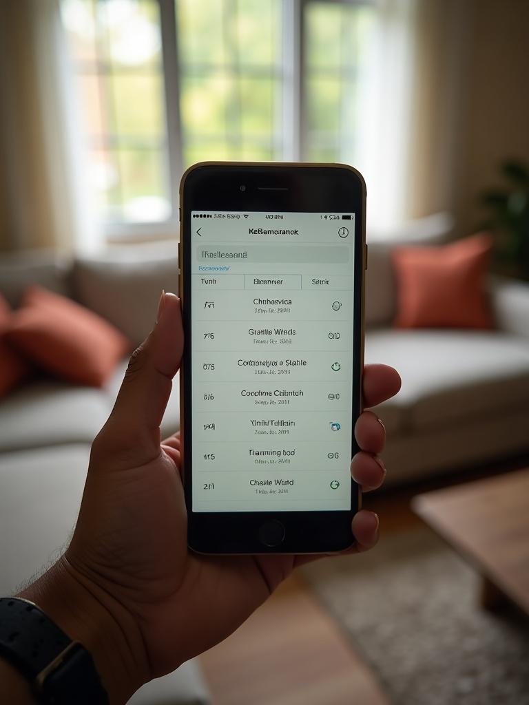 A smartphone displaying a panchang app with choghadiya times highlighted, held in someone's hand against a blurred home interior