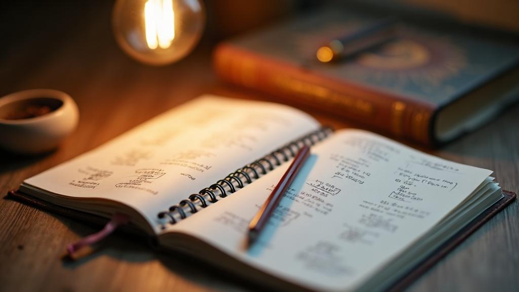 An open notebook with numerology calculations in pencil, a wooden table surface, warm overhead light, medium shot