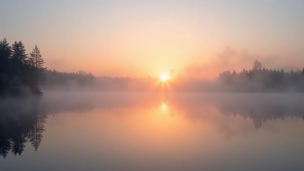 A sunrise over a calm lake with mist rising, soft golden light filtering through trees on the far shore