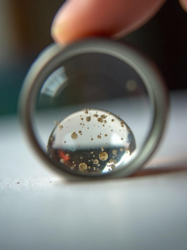 Close view of a jeweller's loupe examining the interior of a transparent gemstone under focused task lighting, showing clarity and inclusions