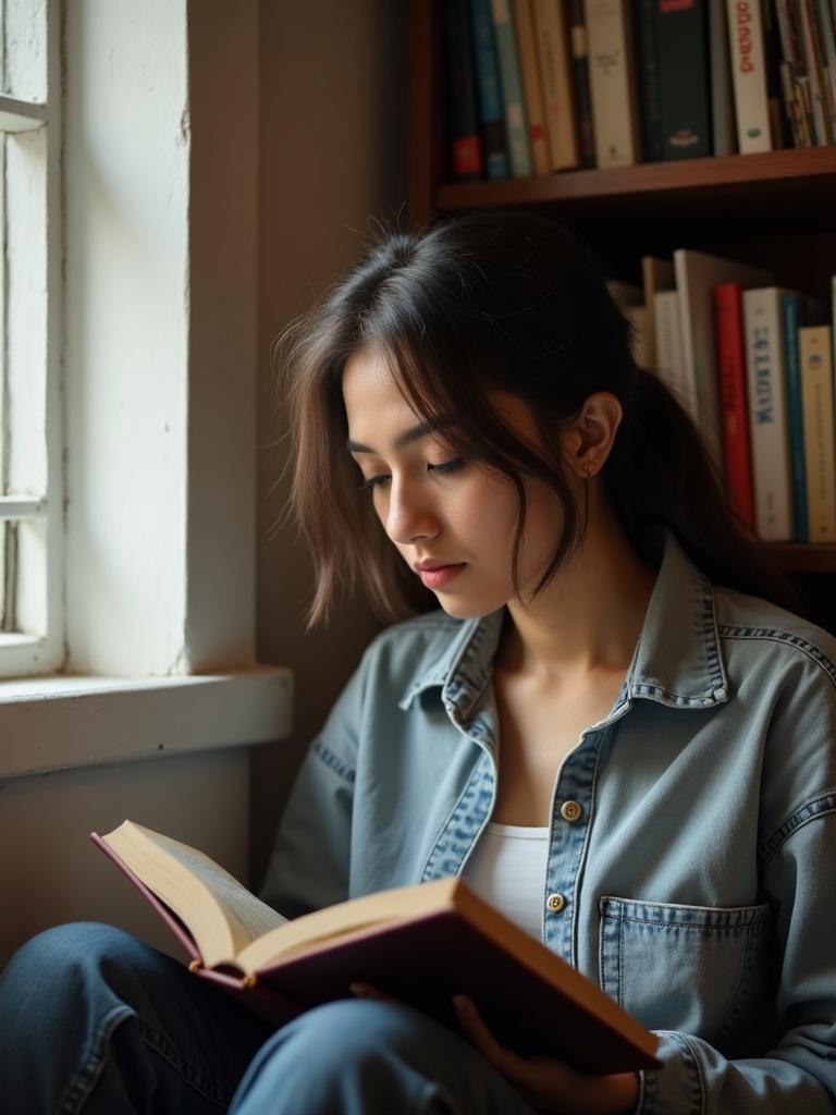 A young woman reading a book in a quiet library corner, natural window light, close perspective