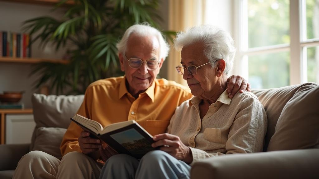 An elderly couple looking at a family photo album together, illustrating long-term partnership and shared history