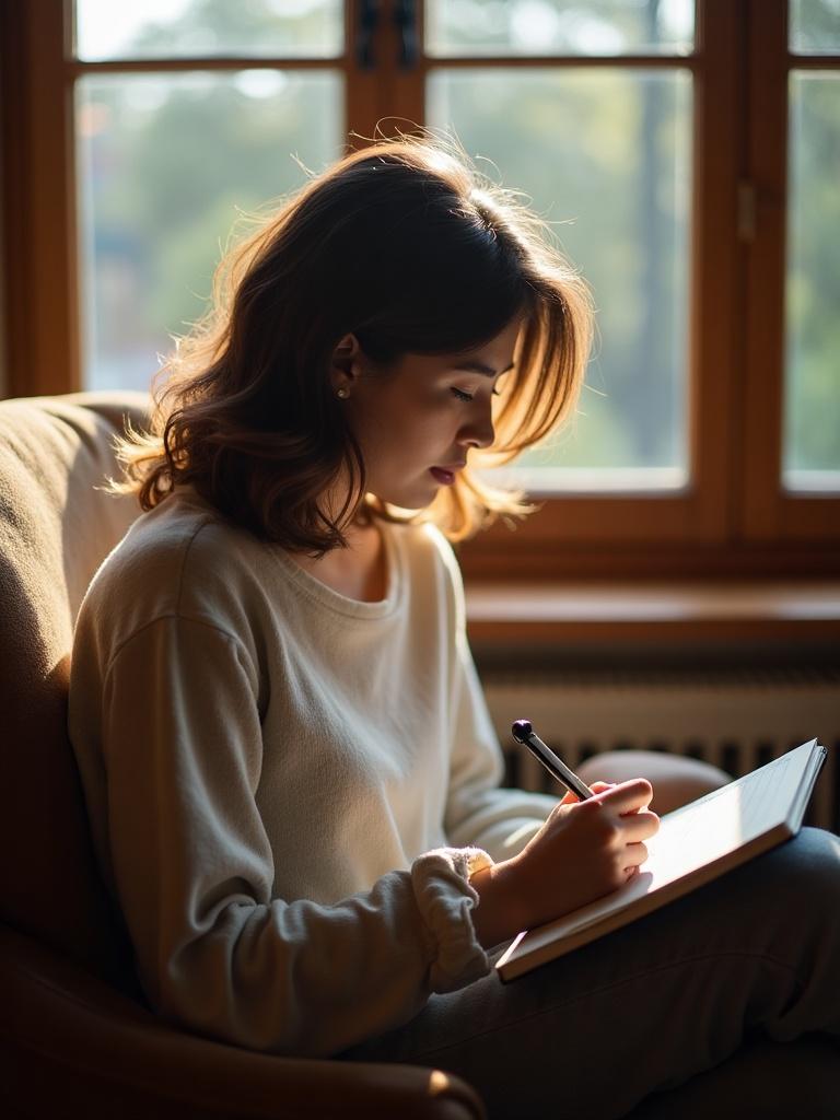 A person sitting by a window with soft afternoon light, writing in a journal with a calm, focused expression