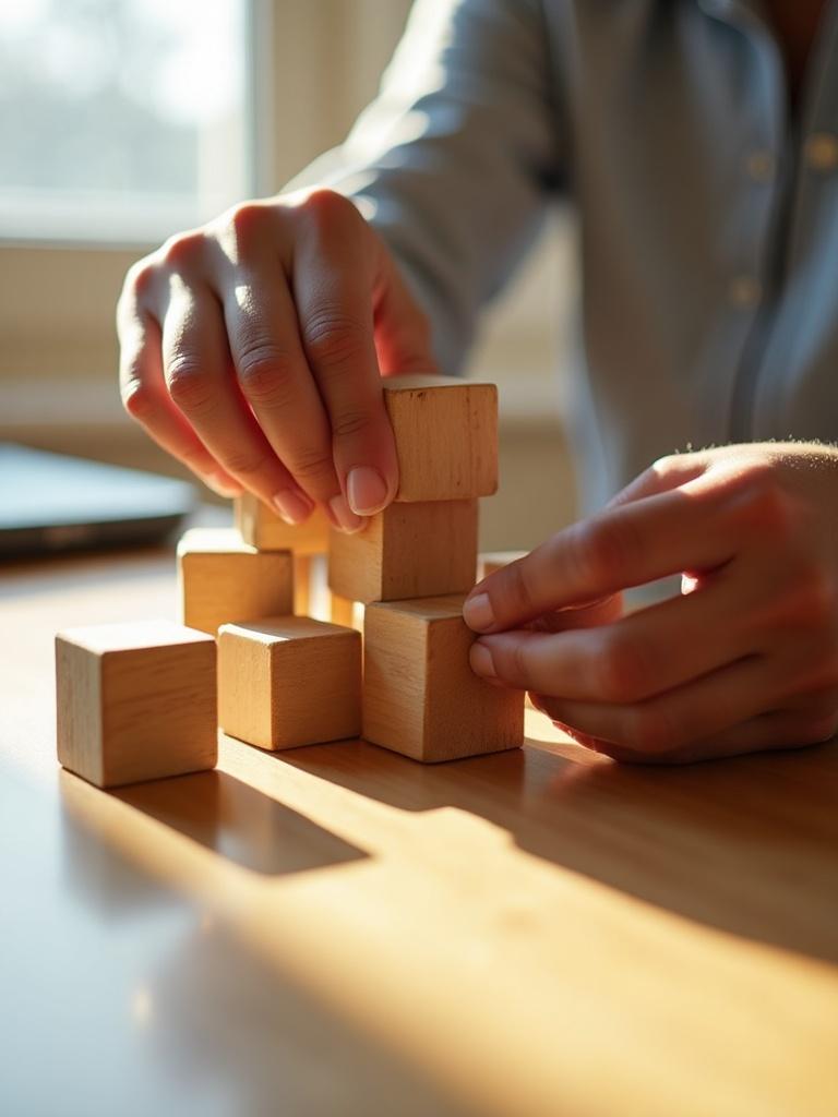 Hands arranging wooden building blocks into a careful structure on a sunlit table, shallow depth of field