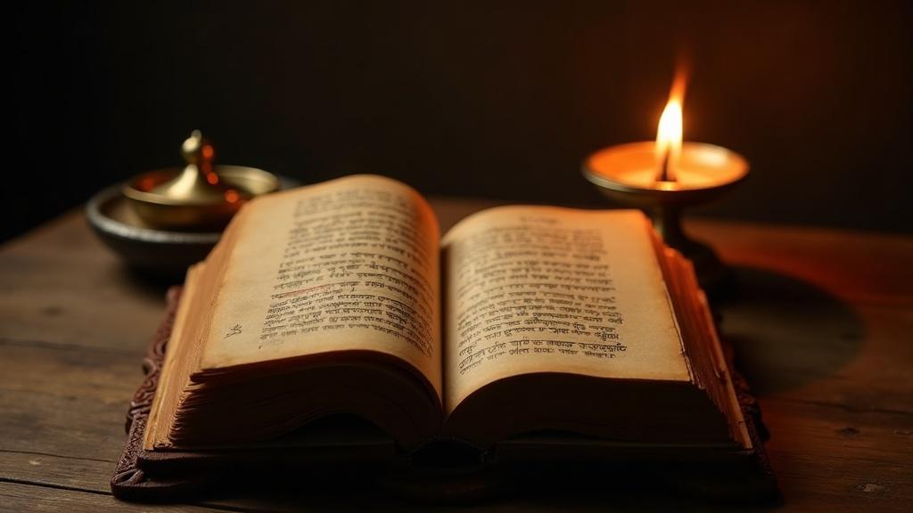 An open Sanskrit manuscript on a wooden reading stand, with a small oil lamp casting soft light on the pages