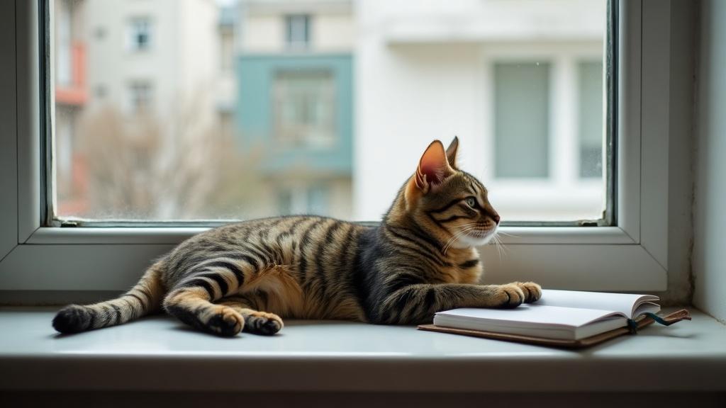 A tabby cat resting on a windowsill with a small notebook open beside it, natural daylight, suburban apartment setting