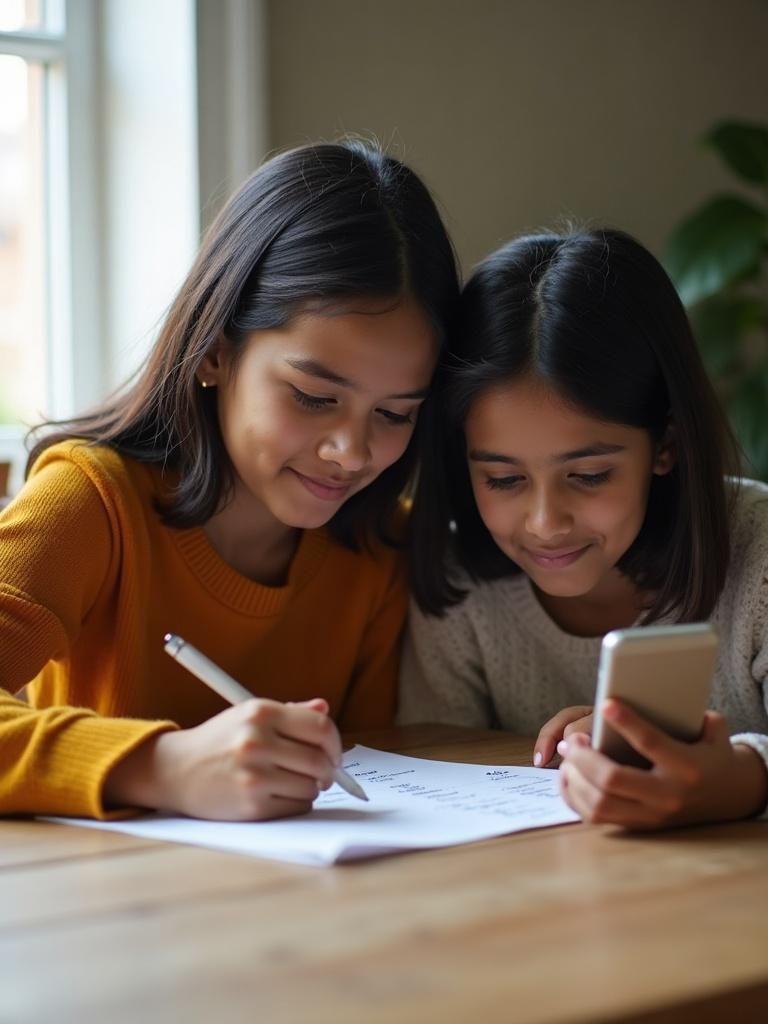 Young parents consulting a handwritten list of names at a wooden table, soft afternoon light, mid-distance view