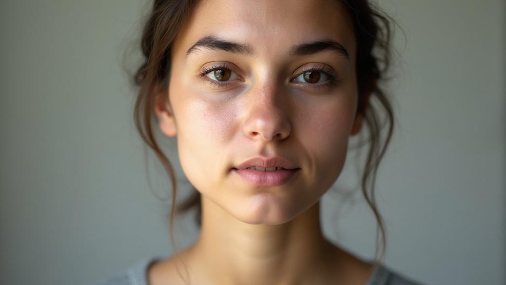 A frontal portrait showing a person's entire face with emphasis on the nose, soft natural light, neutral expression
