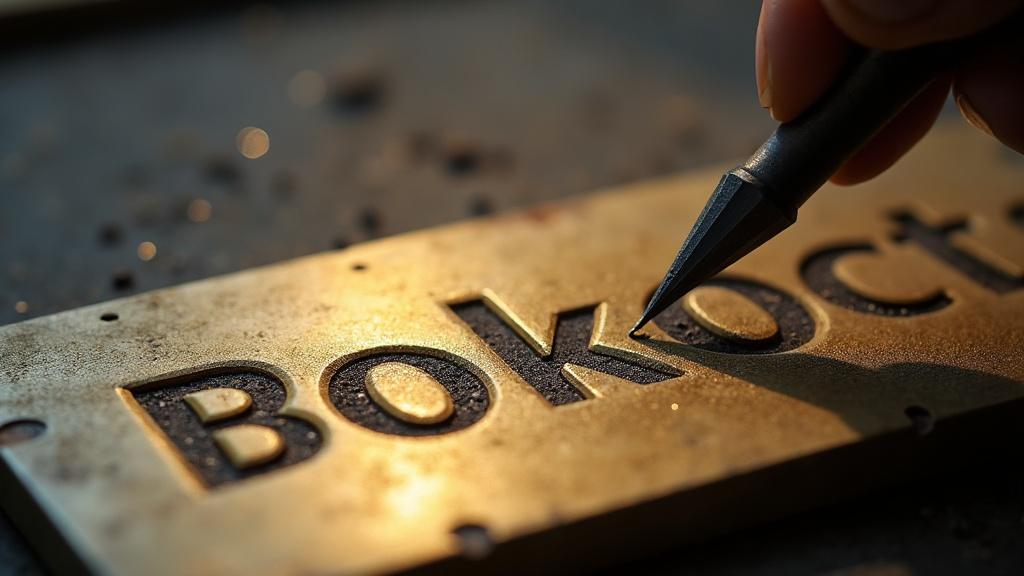 Close-up of a nameplate being engraved with a business name
