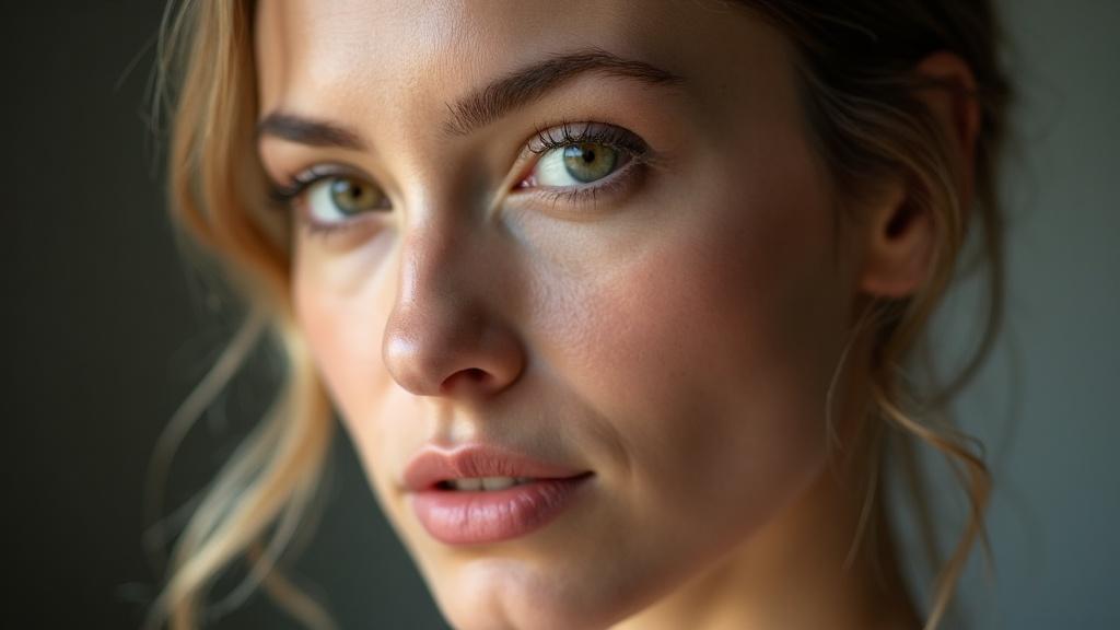Close-up of a woman's face in soft natural light, eyes looking directly at the camera, neutral expression, medium format lens