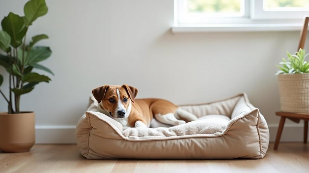 A small dog bed positioned against a western wall in a tidy bedroom with afternoon light