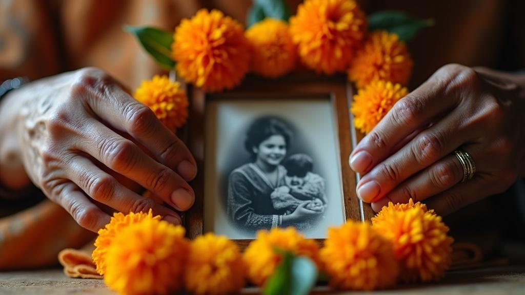 An elderly person's hands gently placing a garland of marigolds on a framed black-and-white family photograph