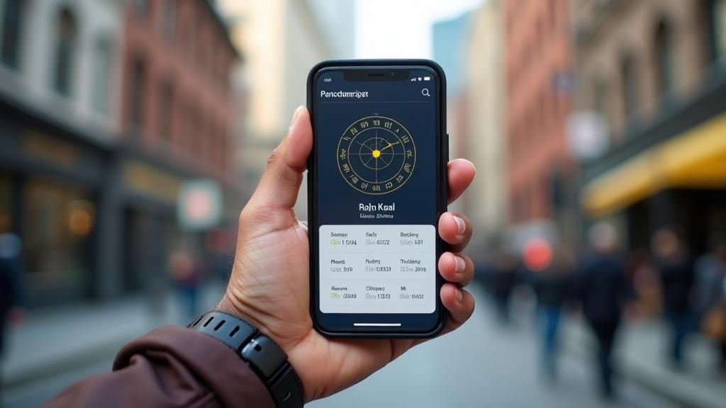 A smartphone displaying a panchang app with highlighted rahu kaal timings, held in a hand against a blurred city background