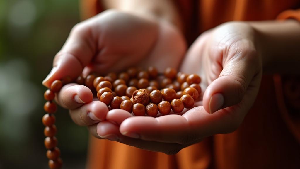 Close-up of a person's hands holding a string of rudraksha beads in natural window light, fingers gently turning the beads