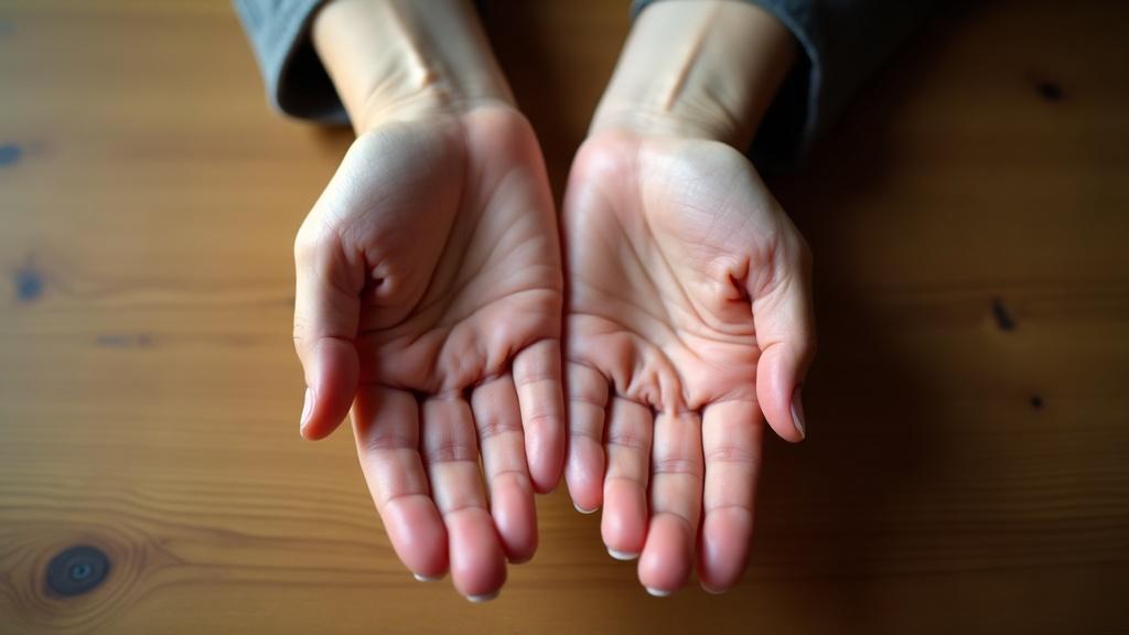 Hands resting on a wooden table in soft window light, showing the lines, finger proportions and nail shapes that samudrika readers examine