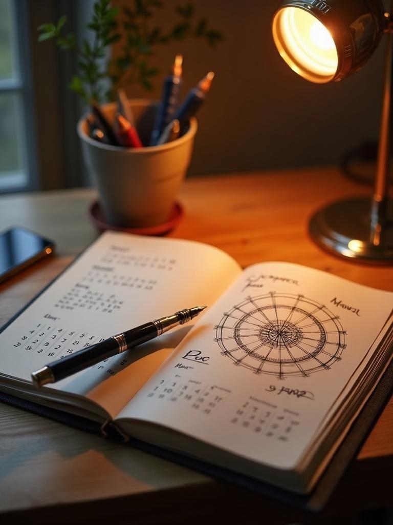 An open notebook with a hand-drawn birth chart diagram, pen and calendar on a wooden desk under warm lamp light