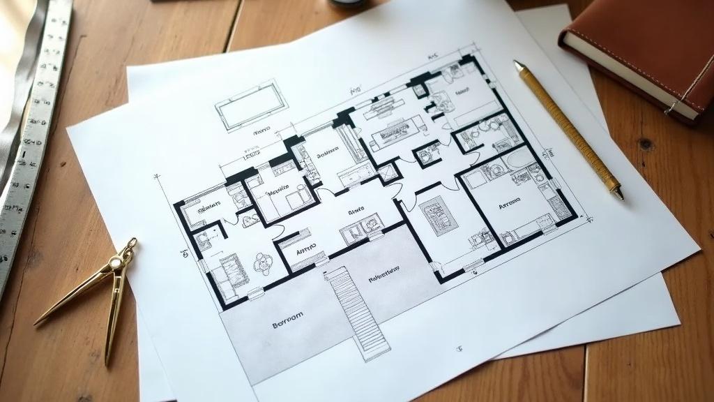 An architectural floor plan on a wooden table with a compass, measuring tape and a small notebook beside it