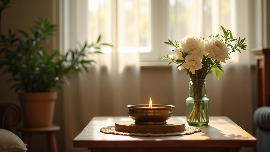 A small indoor altar near a window with a brass oil lamp, fresh flowers in a simple bowl, morning sunlight filtering through sheer curtains