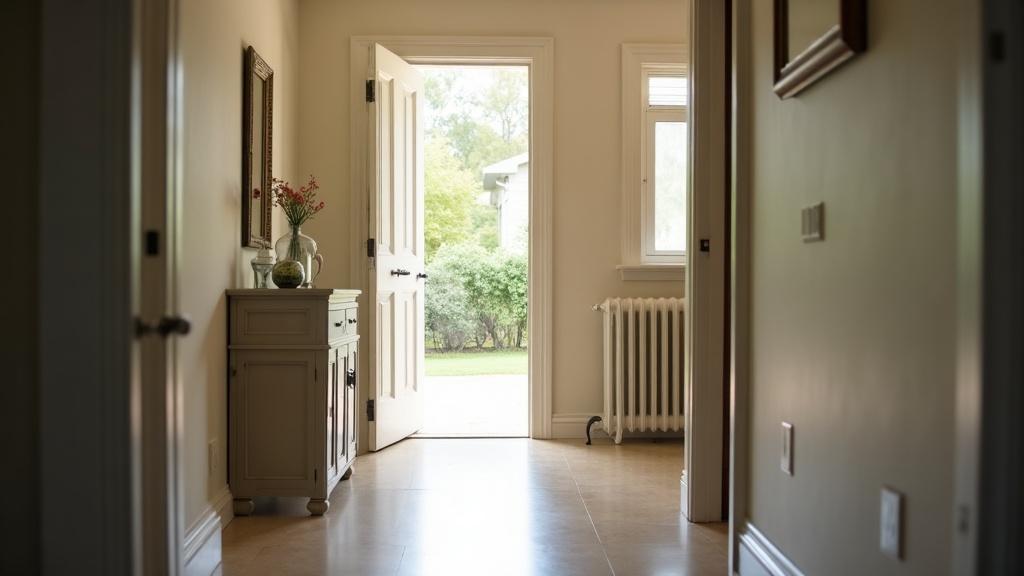 An interior view from behind an open front door showing a clean, unobstructed entryway with natural light