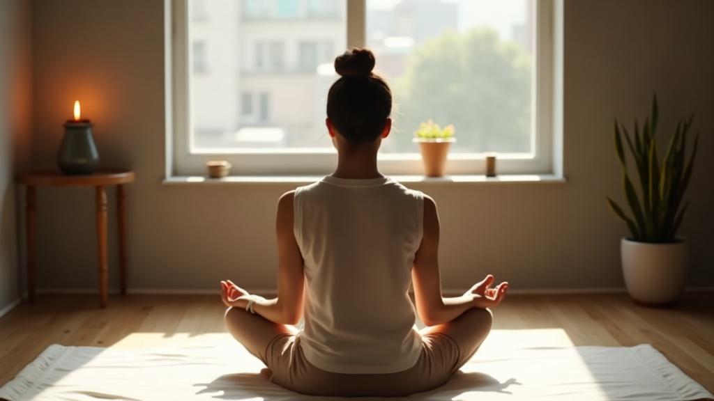 A person sitting cross-legged on a cotton mat facing a simple wall-mounted altar with a single diya, morning light coming through a nearby window
