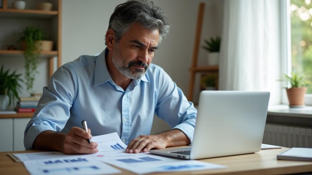 A middle-aged person reviewing financial documents at a neat desk with a laptop, natural light, professional setting